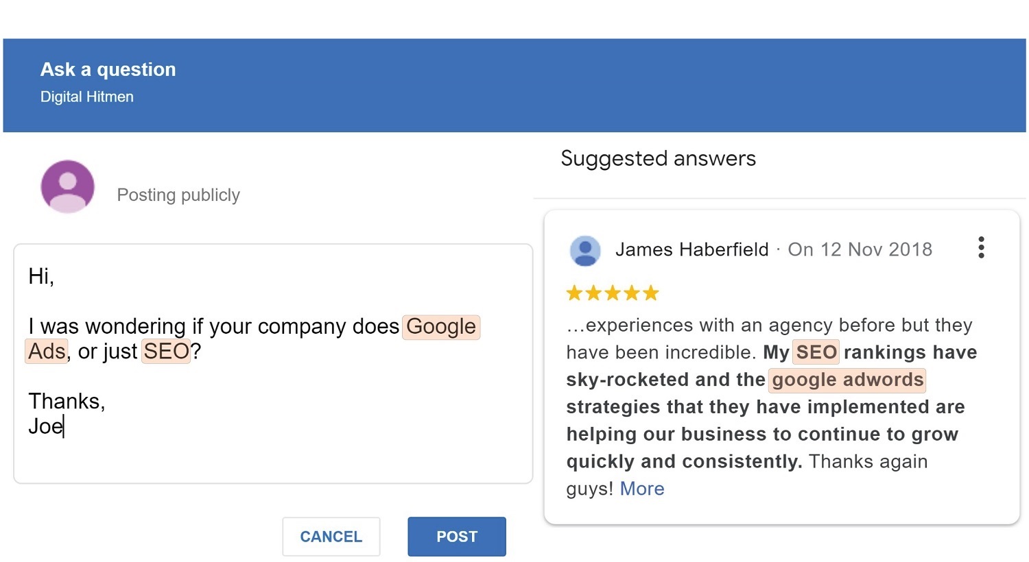 A Google My Business customer asks a direction question to the business owner