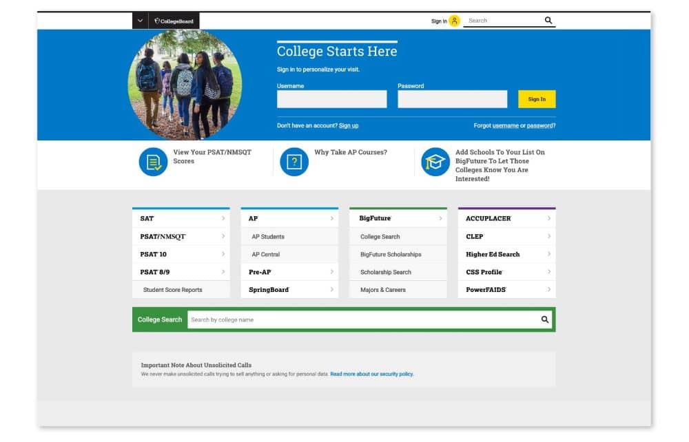 College Board landing page.