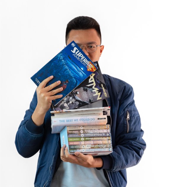 Ghazy Aziz showing his Manga collection