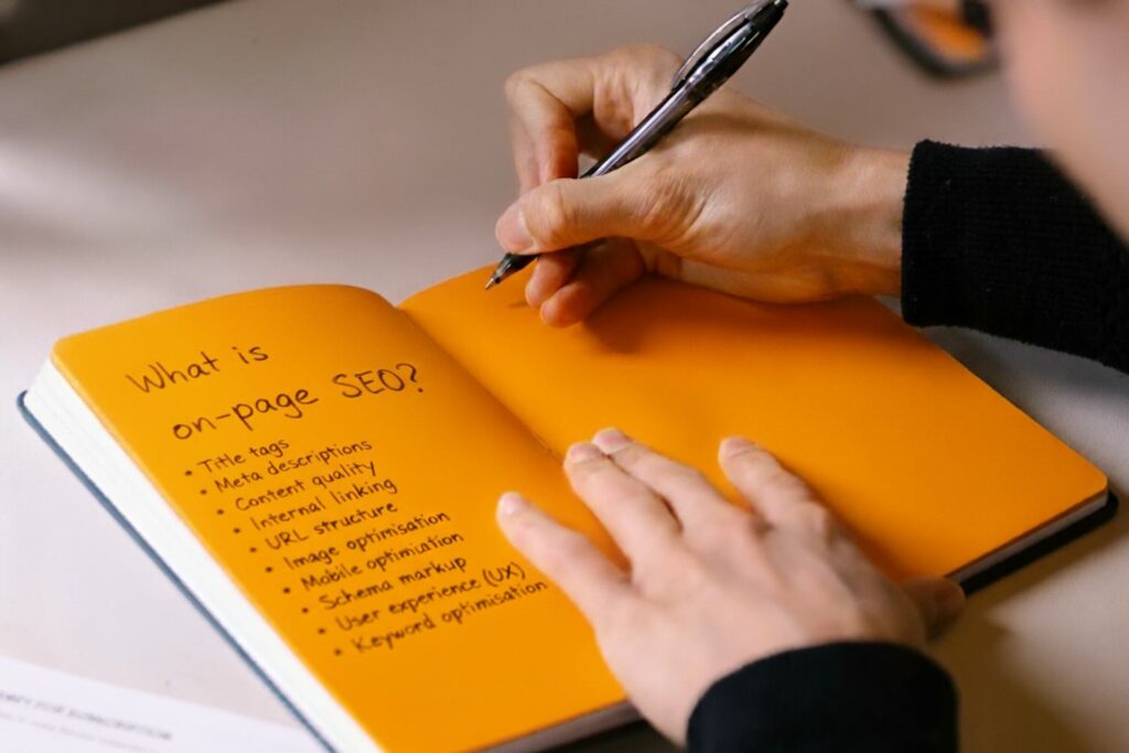 SEO specialist writing "What is on-page SEO?" in a notebook