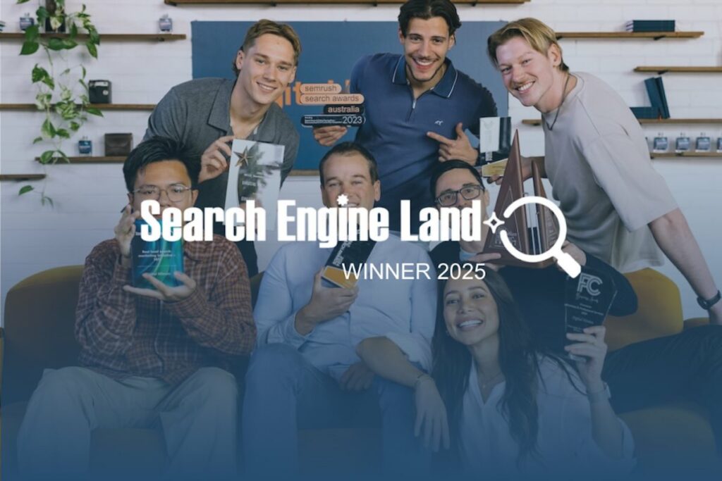 Search Engine Land Awards 2025 winner badge layered over our SEO team