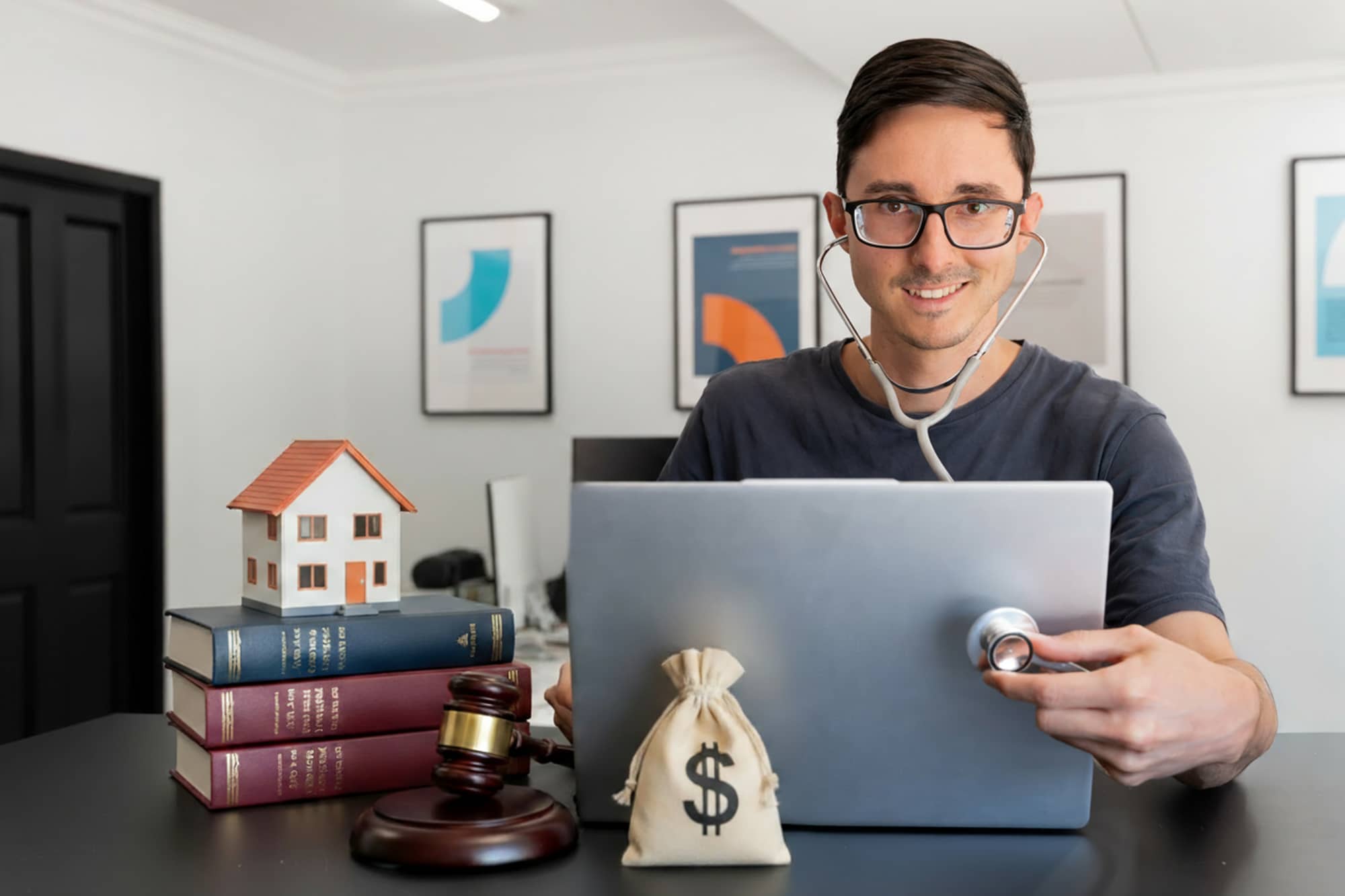 SEO executive with stethoscope, pile of books, bag of money and house prop to represent what is YMYL and why it matters in SEO