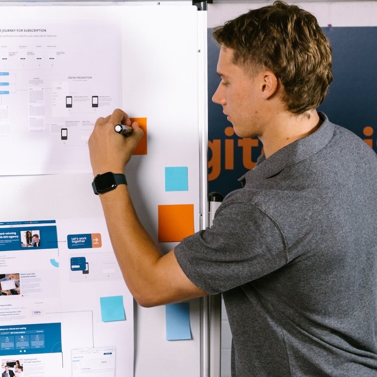 Digital Hitmen Perth SEO expert planning digital marketing strategy with notes and flowcharts on a whiteboard.