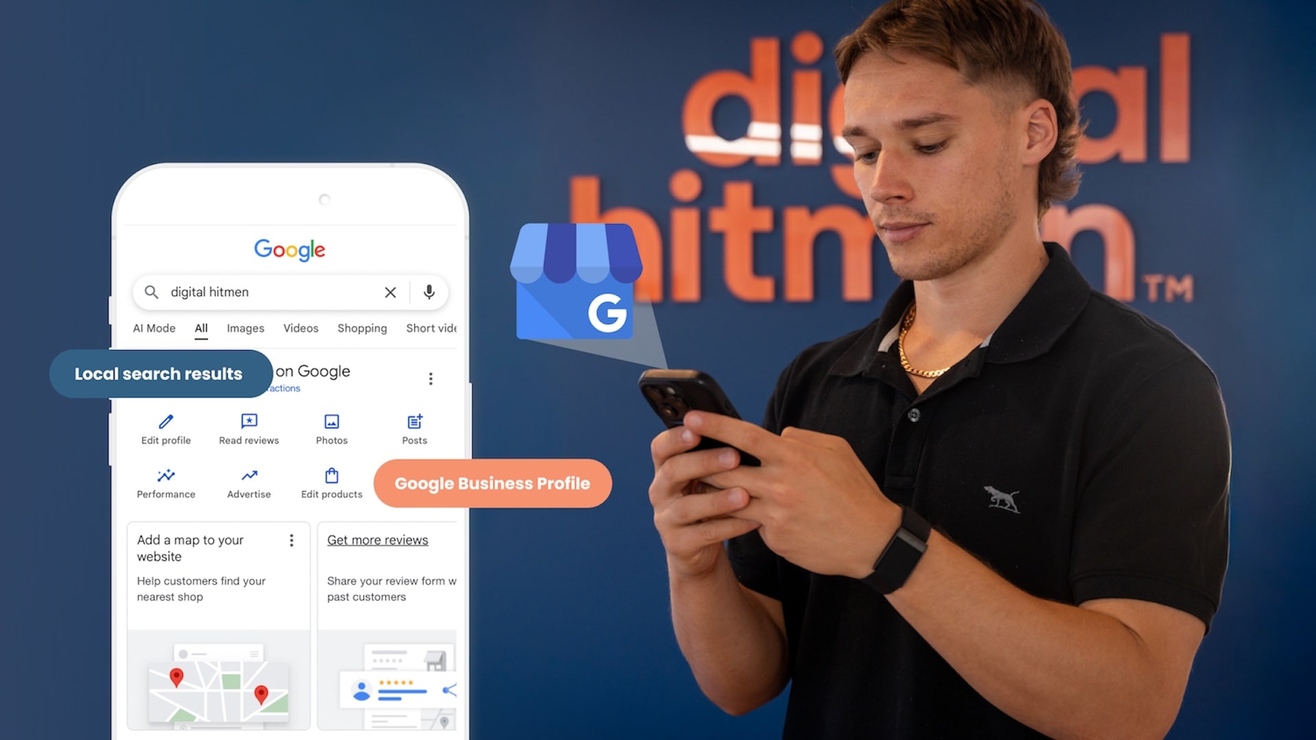 Person using a smartphone to view a Google Business Profile with local search results, showing how Google Business optimisation improves visibility for Perth businesses.