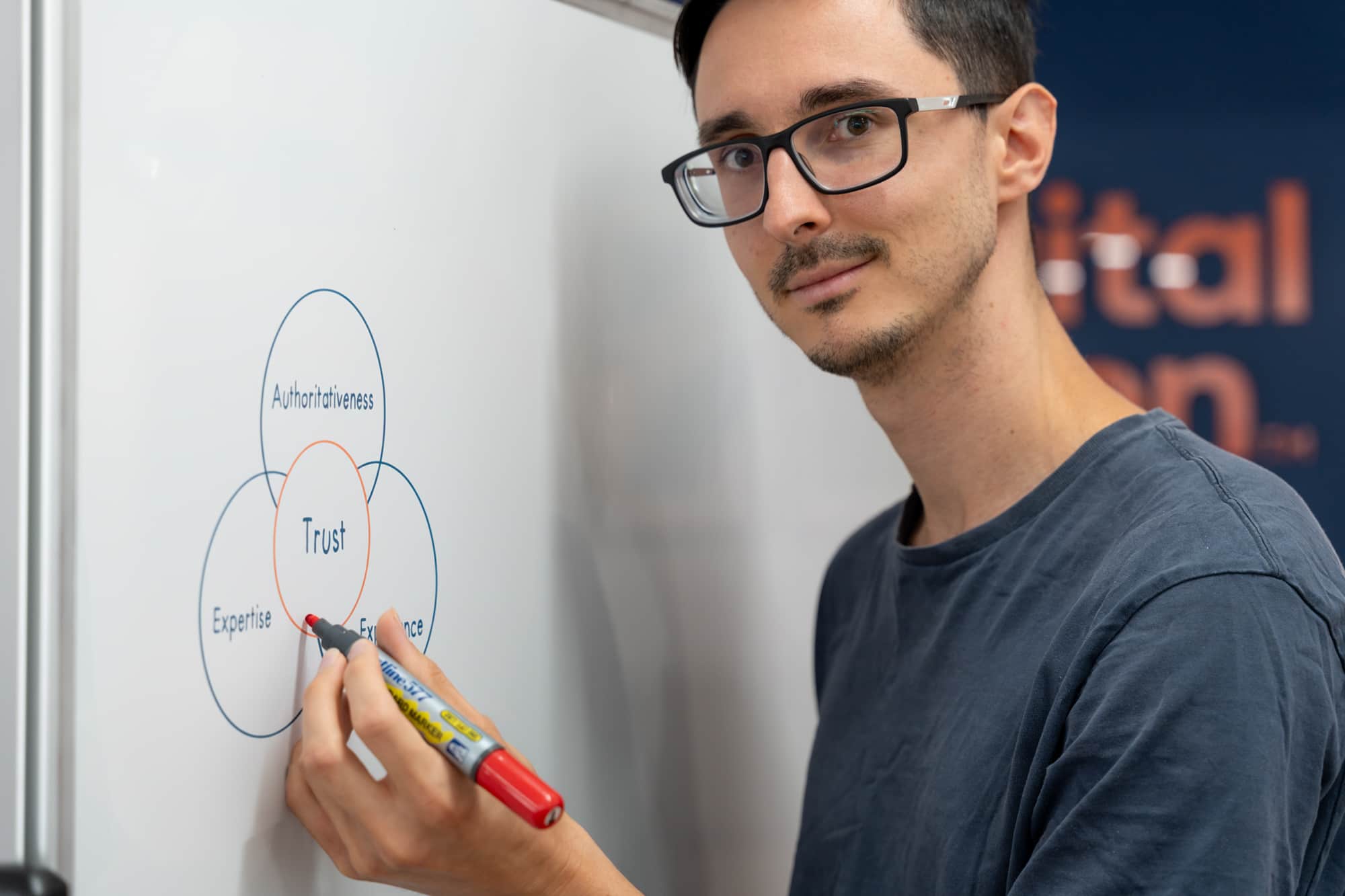 SEO Executive Kalen Harvey drawing on whiteboard 4 circles that have 'Expertise, Experience, Authoritativeness and Trust' explaining what is e-e-a-t.